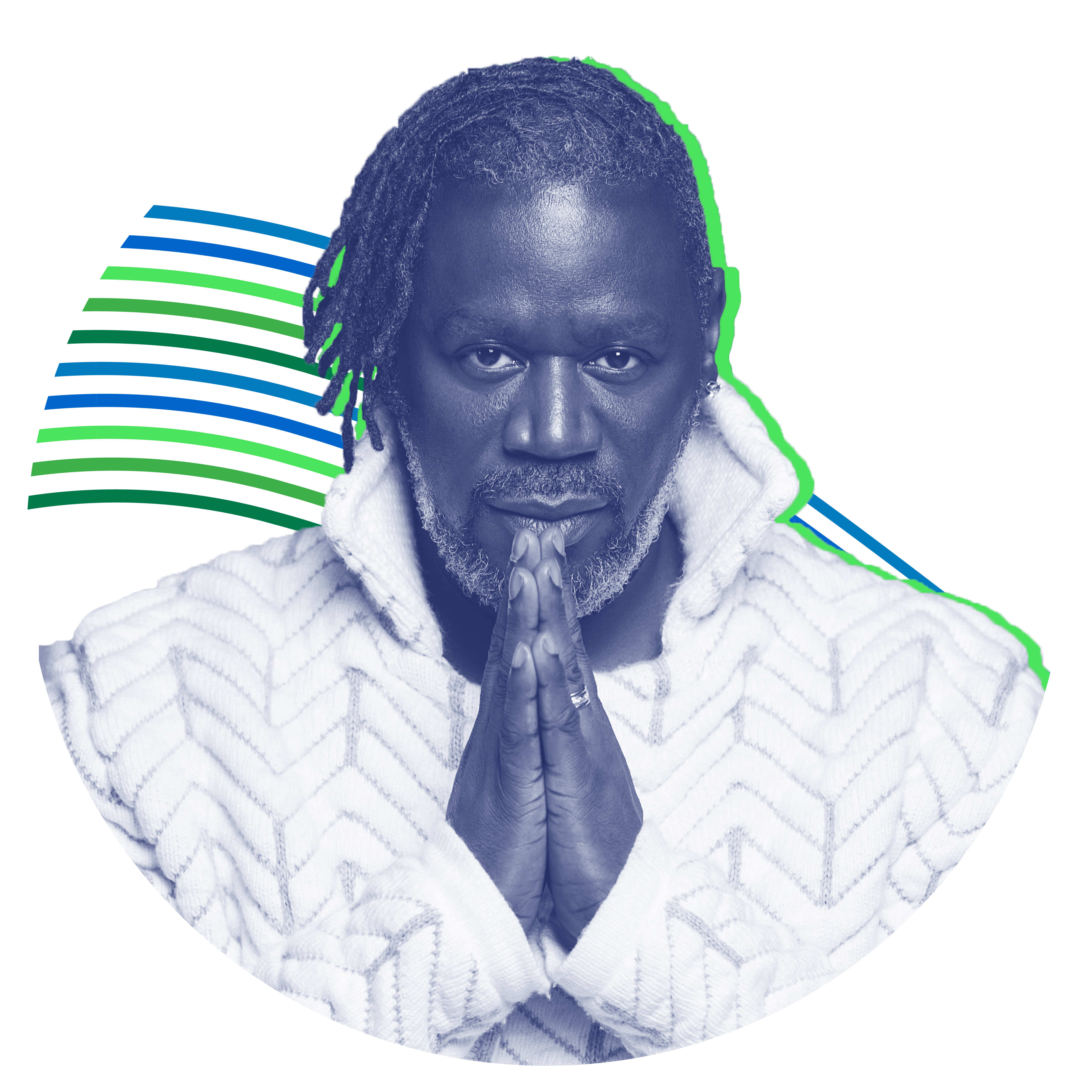 Wawa headshot with his hands in prayer position in navy blue design style with multicolored green and blue stripes in the background.