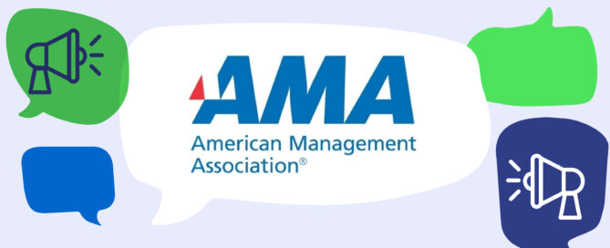 American Management Association (AMA). Light blue design with white, green, and navy speech bubbles.