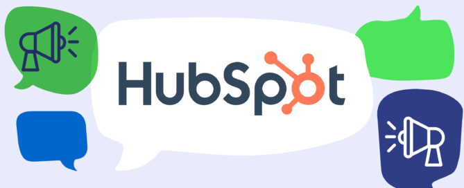 Hubspot logo against speech bubbles and megaphone icons.