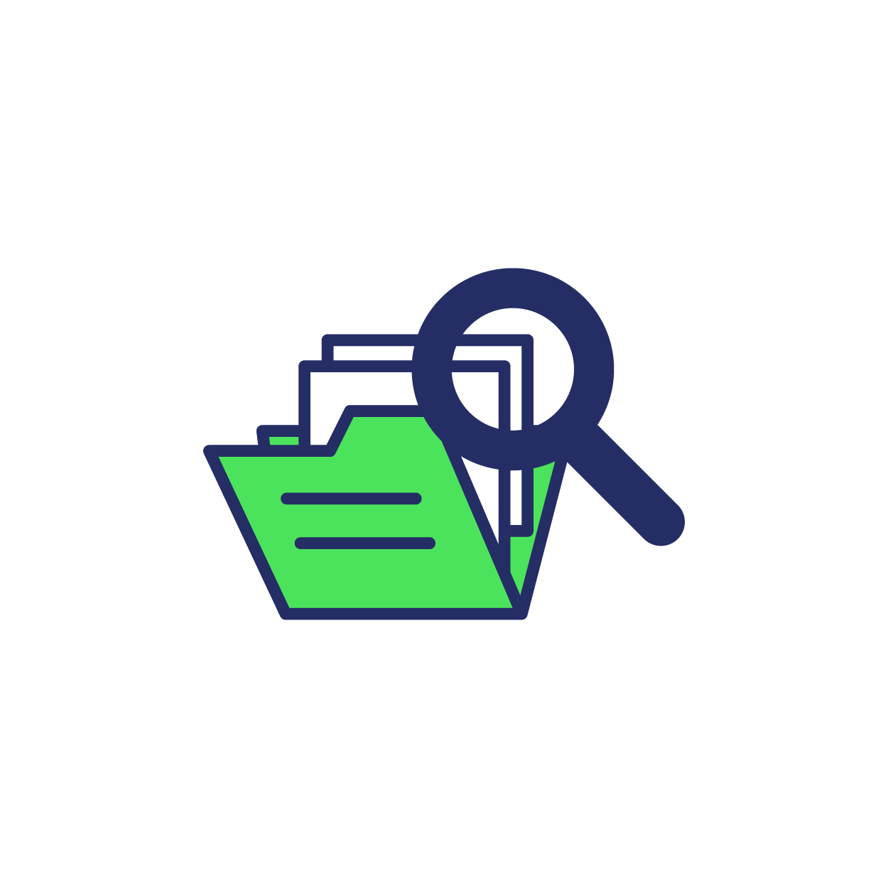 Icon of file folder with resources and magnifying glass.