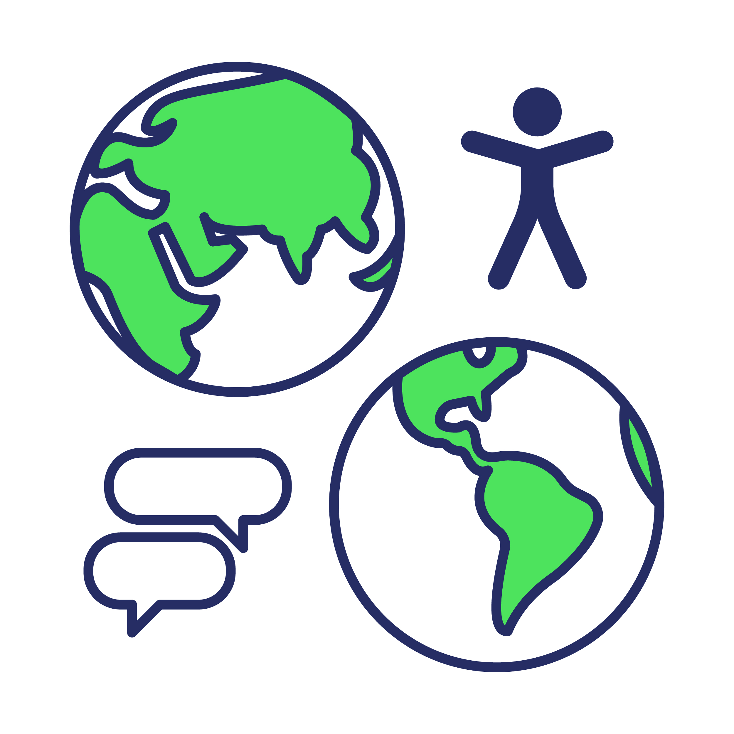 Two globe icons with speech bubbles and accessibility symbol.
