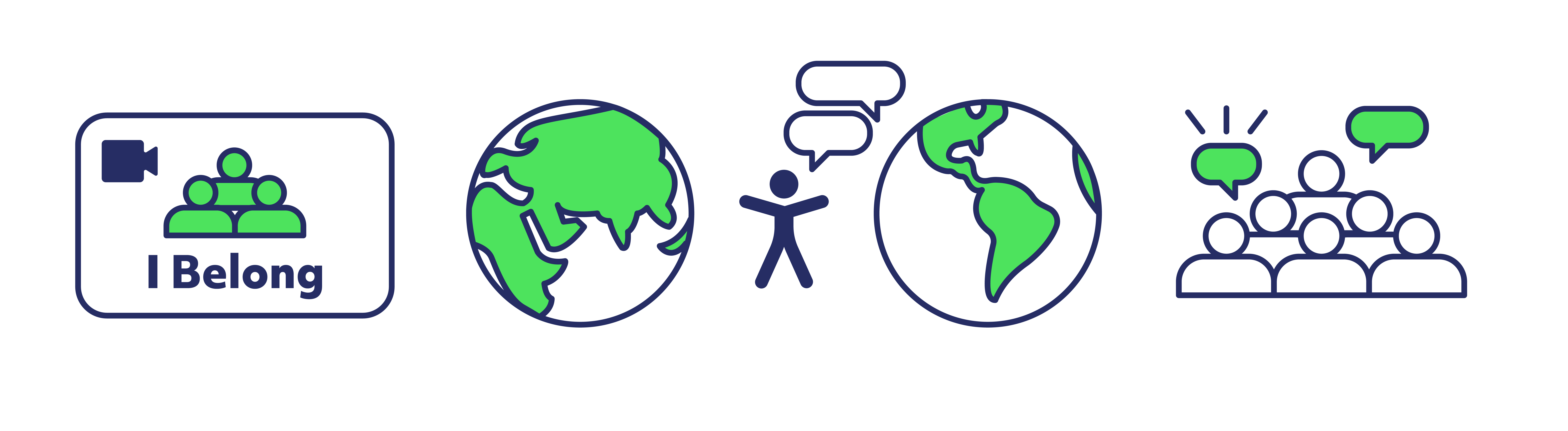 Icons of three silhouettes in a rounded rectangle and video with "I Belong" underneath, two globe icons with speech bubbles and accessibility symbol, and six silhouettes with speech bubbles.