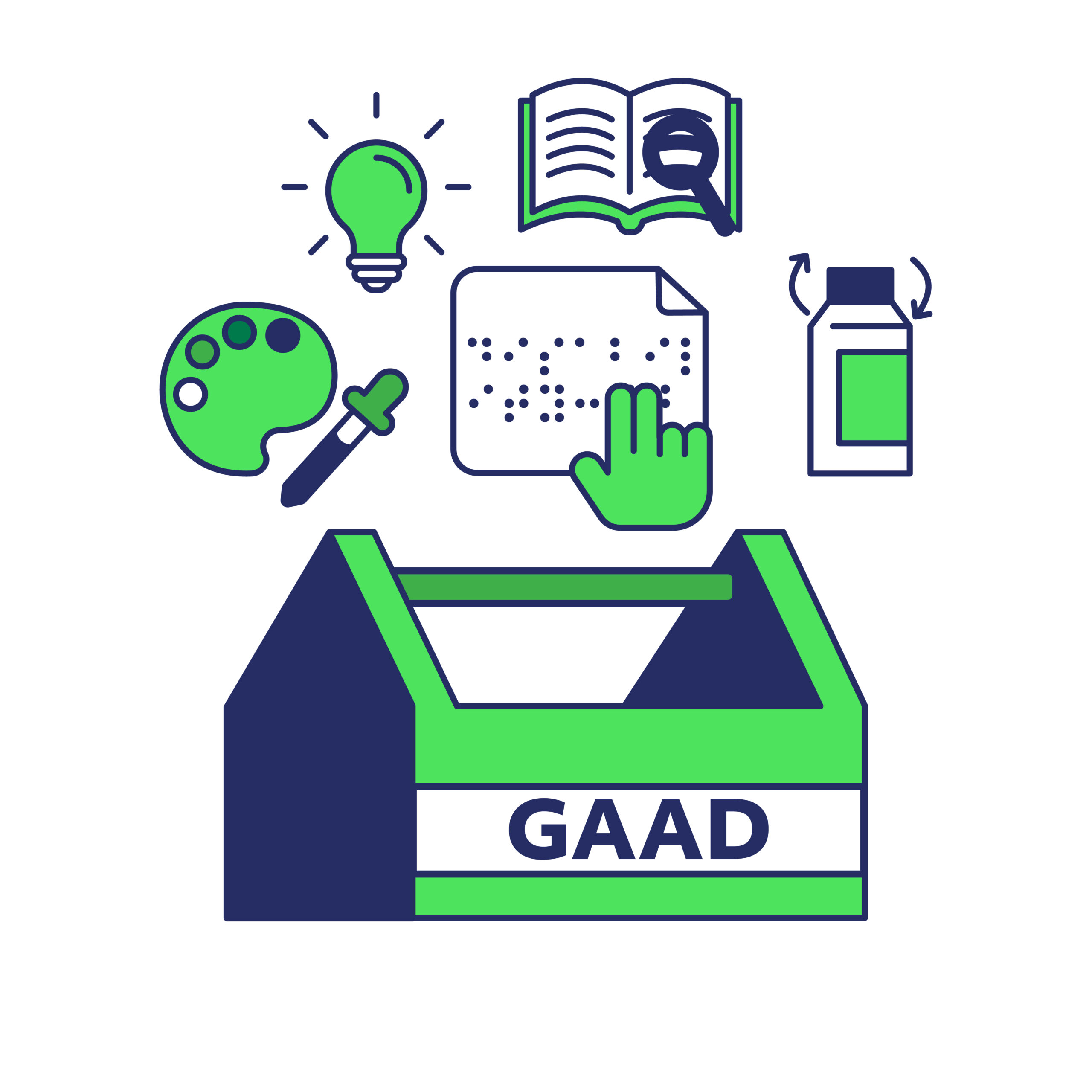 Neon green and blue icons of a GAAD toolbox with color palette, lightbulb, Braille, book with magnifying glass, and bottle package opening.
