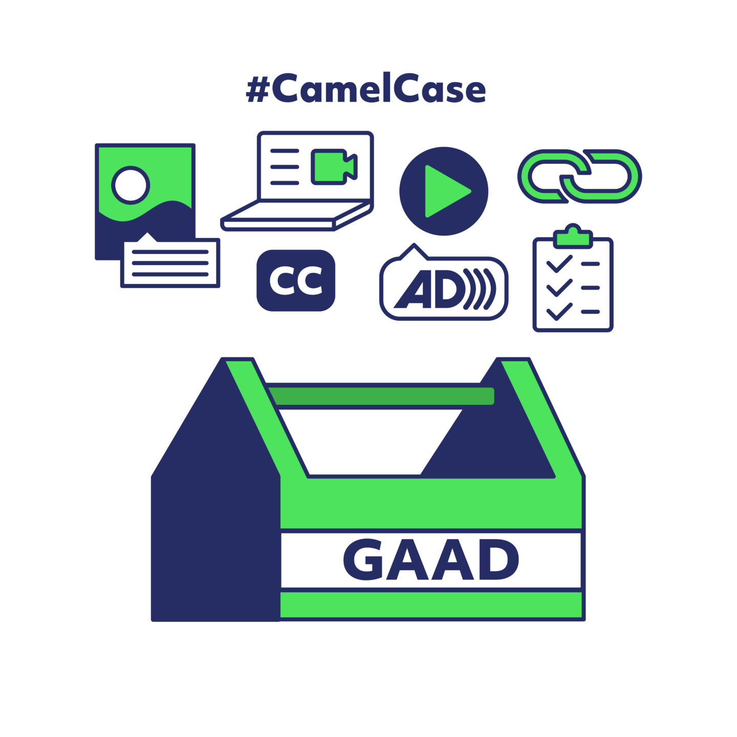 Icons in navy blue and neon green color palette: image alternative text, zoom call with transcript, closed captions, video with audio description, hyperlink, #CamelCase, and checklist with GAAD toolbox at the bottom.