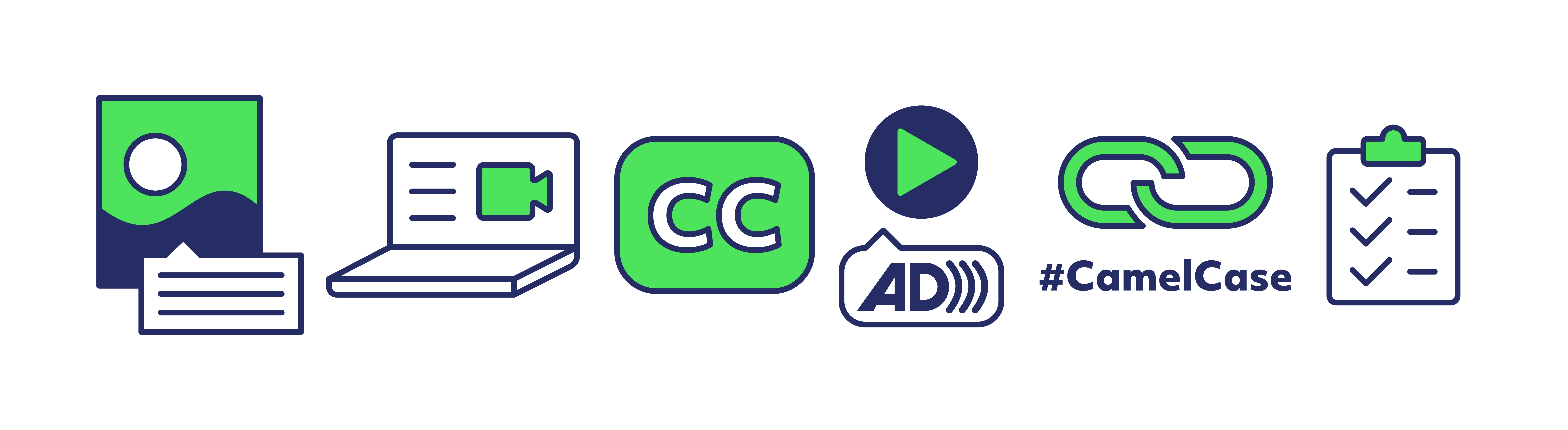 Icons in navy blue and neon green color palette: image alternative text, zoom call with transcript, closed captions, video with audio description, hyperlink, #CamelCase, and checklist.