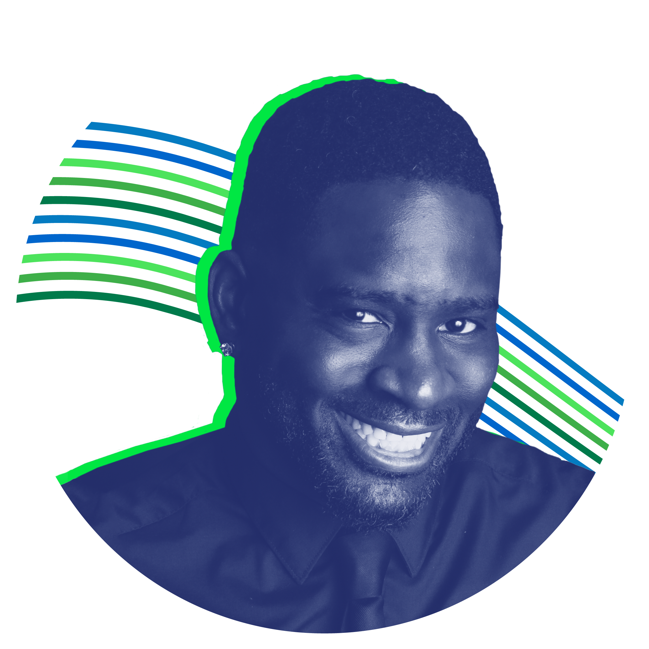 Headshot of DJ Kazeem in navy blue design style with multicolored green and blue stripes in the background.