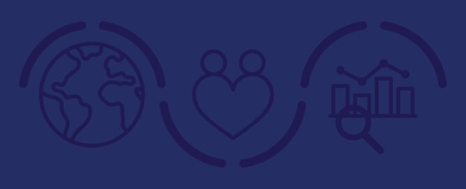Globe, heart, and bar graph icons against navy blue background.