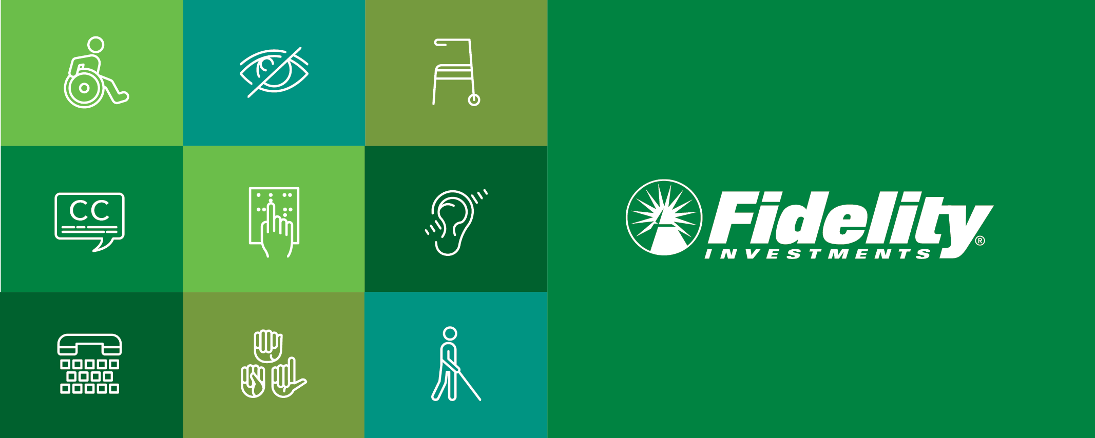 Banner with Fidelity name and logo, along with icons representing accessibility: a silhouette of a person who is blind walking with a cane, a hearing aid, a wheelchair, closed captions, etc.