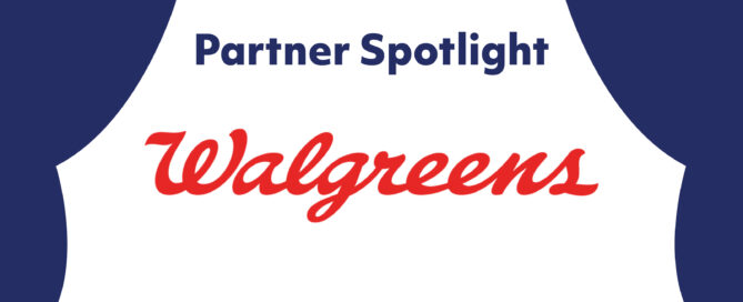 Partner Spotlight on Walgreens. Blue curtain design against white background.