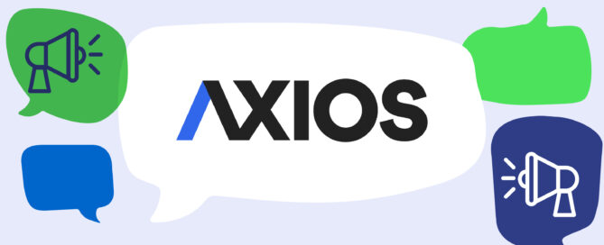 Axios logo in speech bubble with various green and blue speech bubbles and media icons.