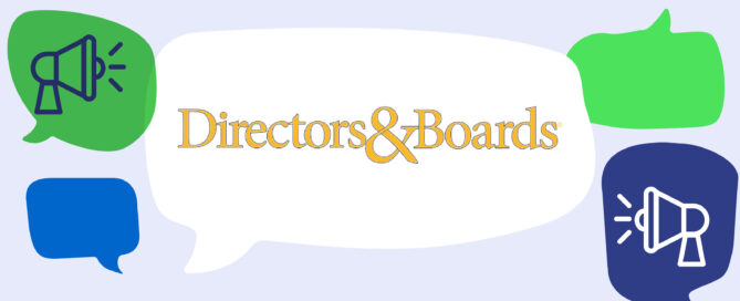 Directors & Boards logo in speech bubble with various green and blue speech bubbles and media icons.
