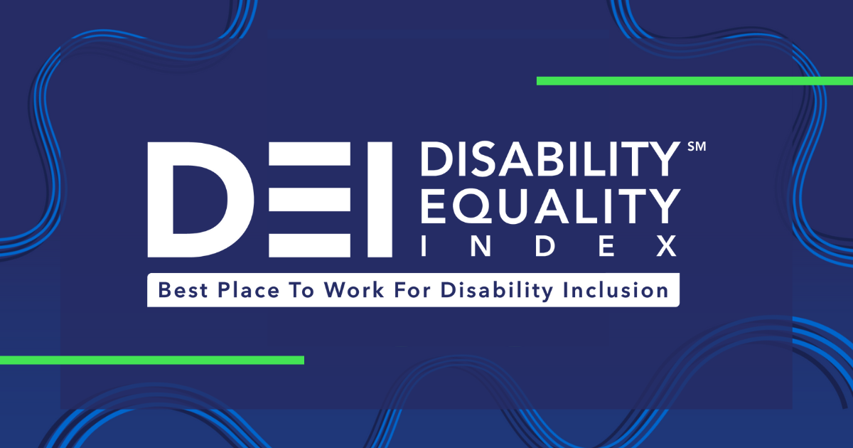 Disability Equality Index (DEI). Best Place to Work for Disability Inclusion. Navy design with blue stripes.
