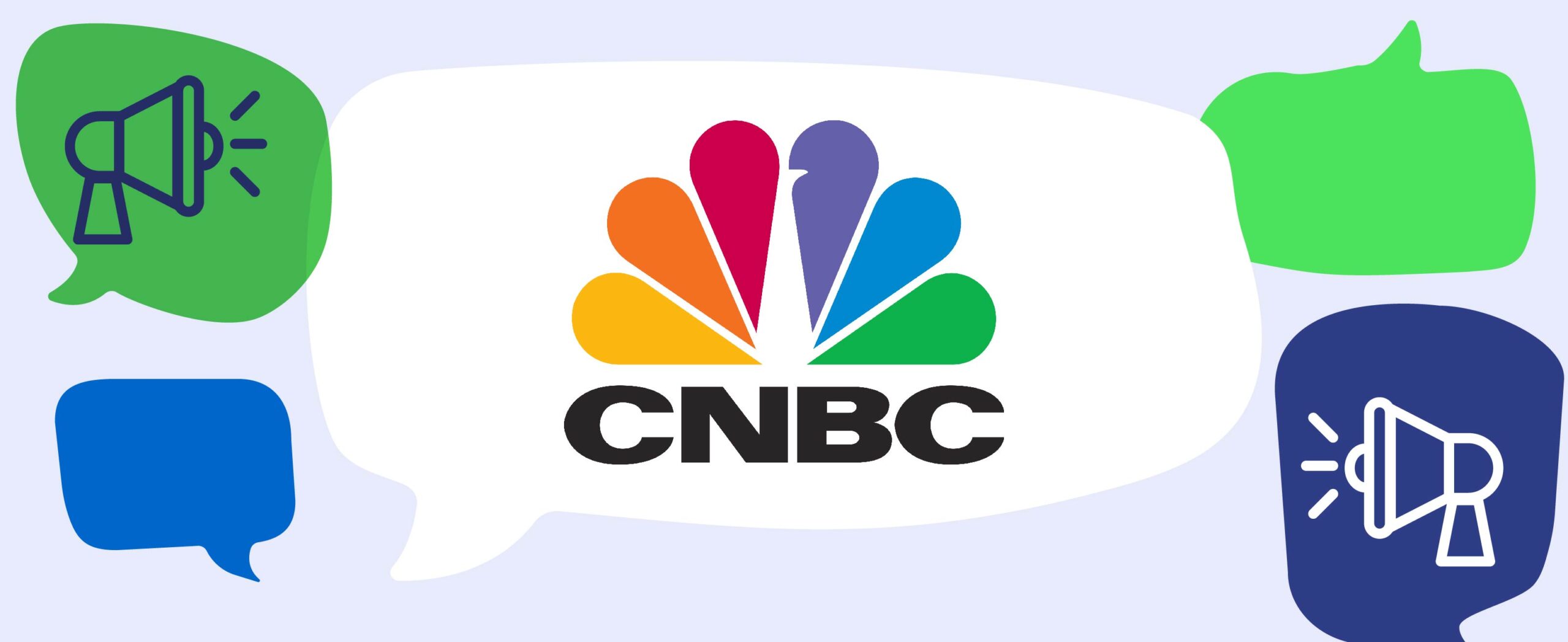 CNBC logo in speech bubble with various green and blue speech bubbles and media icons.