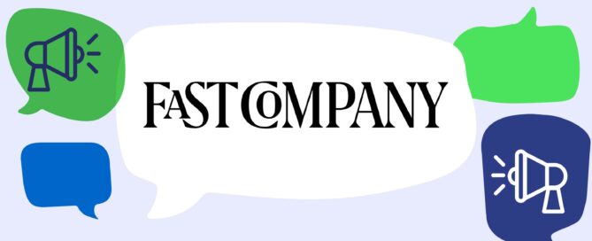 Fast Company logo with various speech bubbles in blue and green.