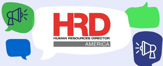 Human Resources Director America logo in speech bubble with various green and blue speech bubbles and media icons.