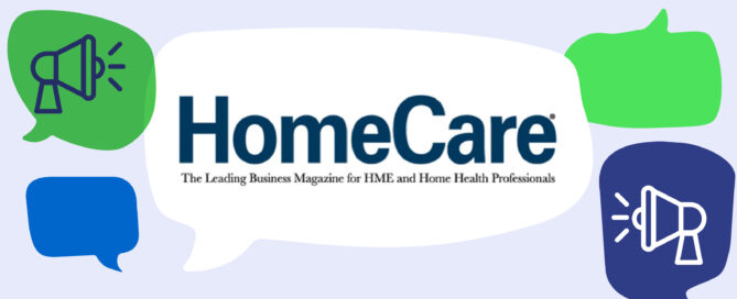 HomeCare logo in speech bubble with various green and blue speech bubbles and media icons.