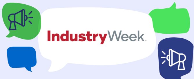 Industry Week logo in speech bubble with various green and blue speech bubbles and media icons.