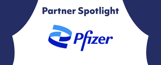 Partner Spotlight on Pfizer. Navy blue curtain design.
