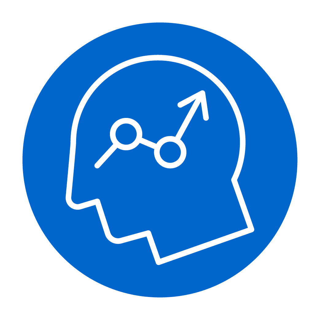 Icon of side profile of head with increasing arrows to represent skills.