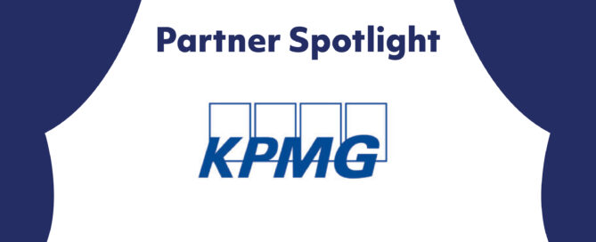 Blue theatrical curtains part around the text: Partner Spotlight KPMG