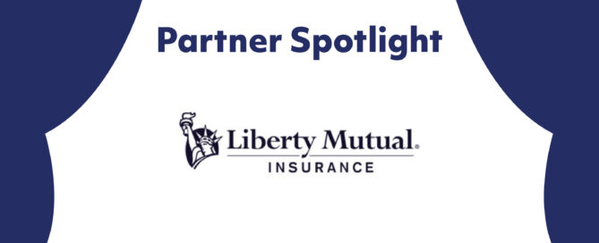 Blue theatrical curtains part around the text: Partner Spotlight Liberty Mutual Insurance