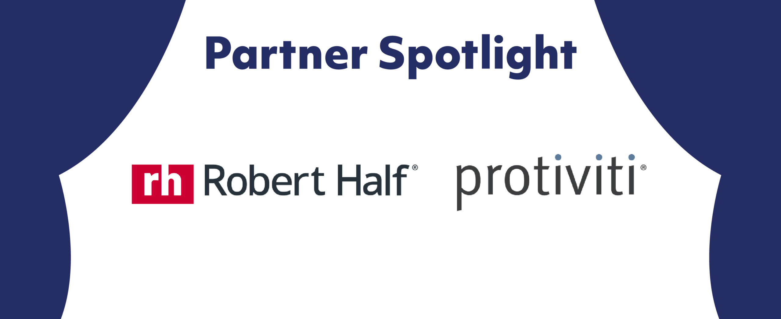 Partner Spotlight on Robert Half and Protiviti. Navy blue curtain design.
