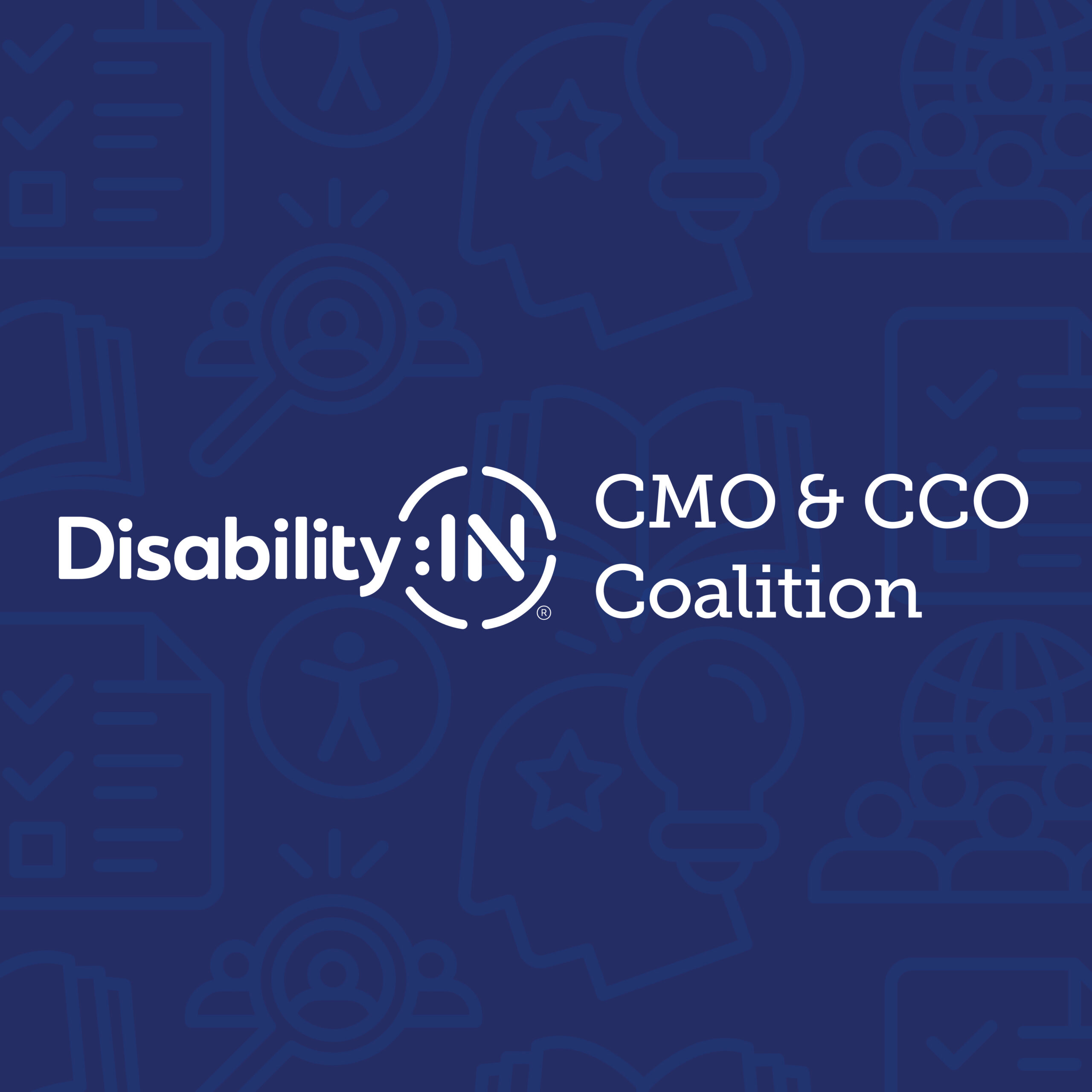 Disability:IN CMO & CCO Coalition in white against navy blue icon background.