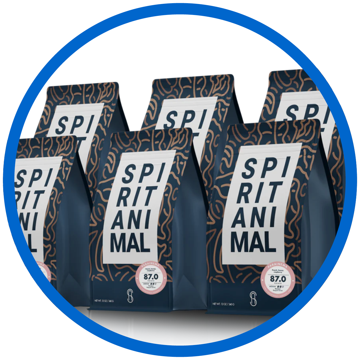Six bags of packaged coffee that reads Spirit Animal with a navy blue and tan line design background.