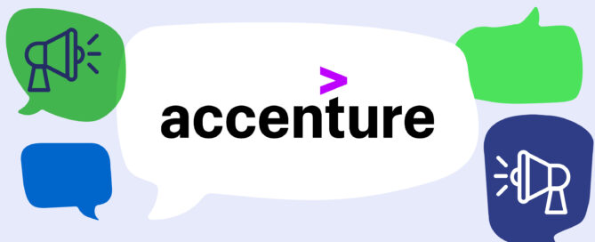 Accenture logo inside of white speech bubble with various media icons and speech bubbles in blue and green.