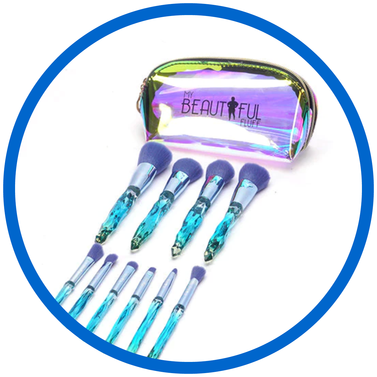 Ten piece makeup brush set in turquoise crystal with purple brush, pictured with makeup bag.