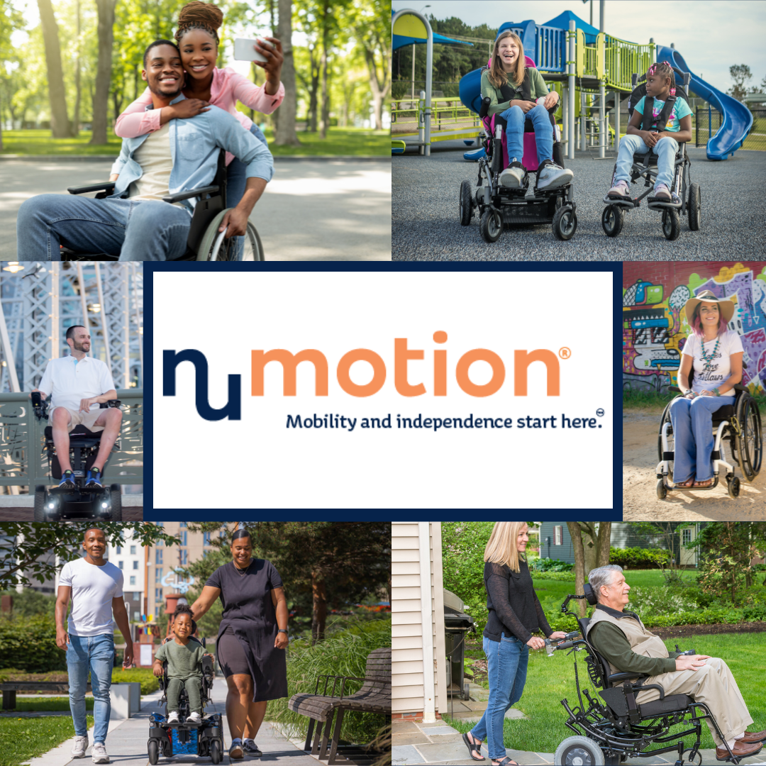 a composite of images of people with various disabilities using mobility devices and interacting with loved ones out of the home. The Numotion logo and the slogan "mobility and independence start here" is at the center.
