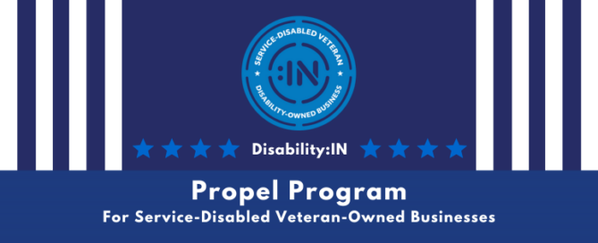 Blue striped background behind the badge for certified service disabled veteran owned businesses. Below, white text reads: Disability IN Propel Program for Service Disabled Veteran Owned Businesses