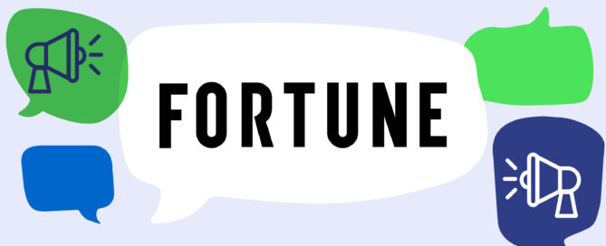 Fortune logo inside of speech bubble with smaller green and blue speech bubbles and media icons surrounding.