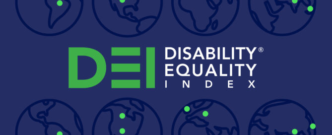 Disability Equality Index® (DEI) logo with global icons and neon green dots in Brazil, Canada, Germany, India, Japan, Philippines, UK, and US.