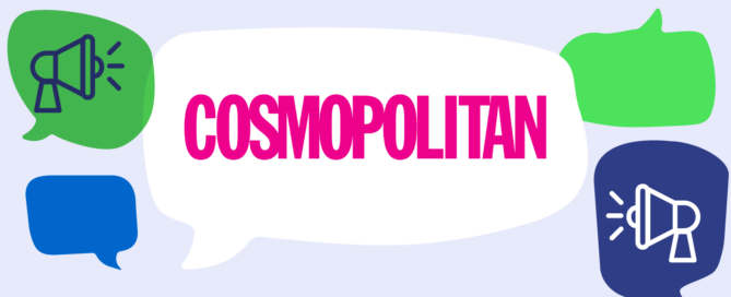 Cosmopolitan logo inside of speech bubbles and alongside media icons.