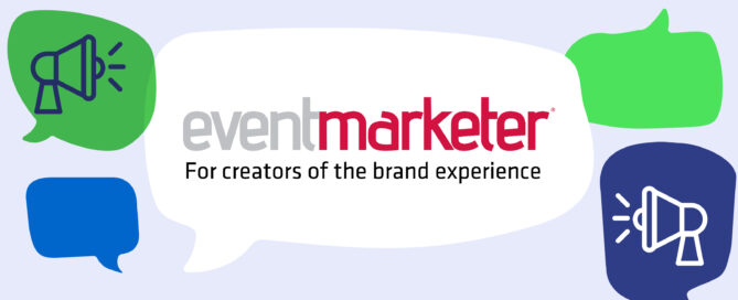 Event Marketer logo inside of speech bubbles and alongside media icons.