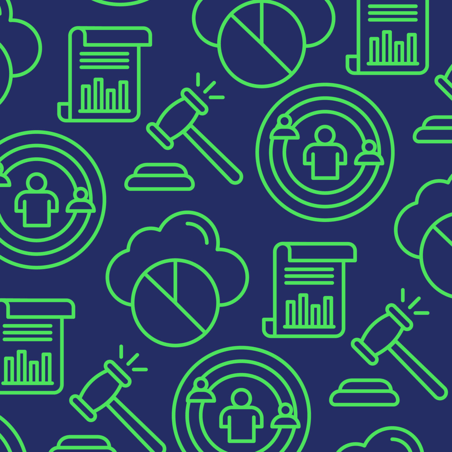 Various icons in neon green of pie charts, reports, regulation, and networking.