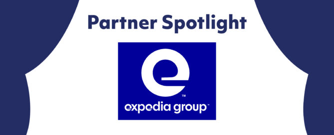 Partner Spotlight on Expedia Group. Navy blue curtain design against white background.