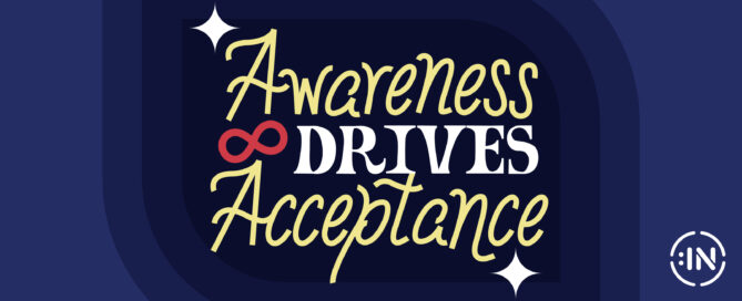 Blue background behind gold and white text that reads Awareness Drives Acceptance. At the center is a red infinity symbol representing the Autistic Community.