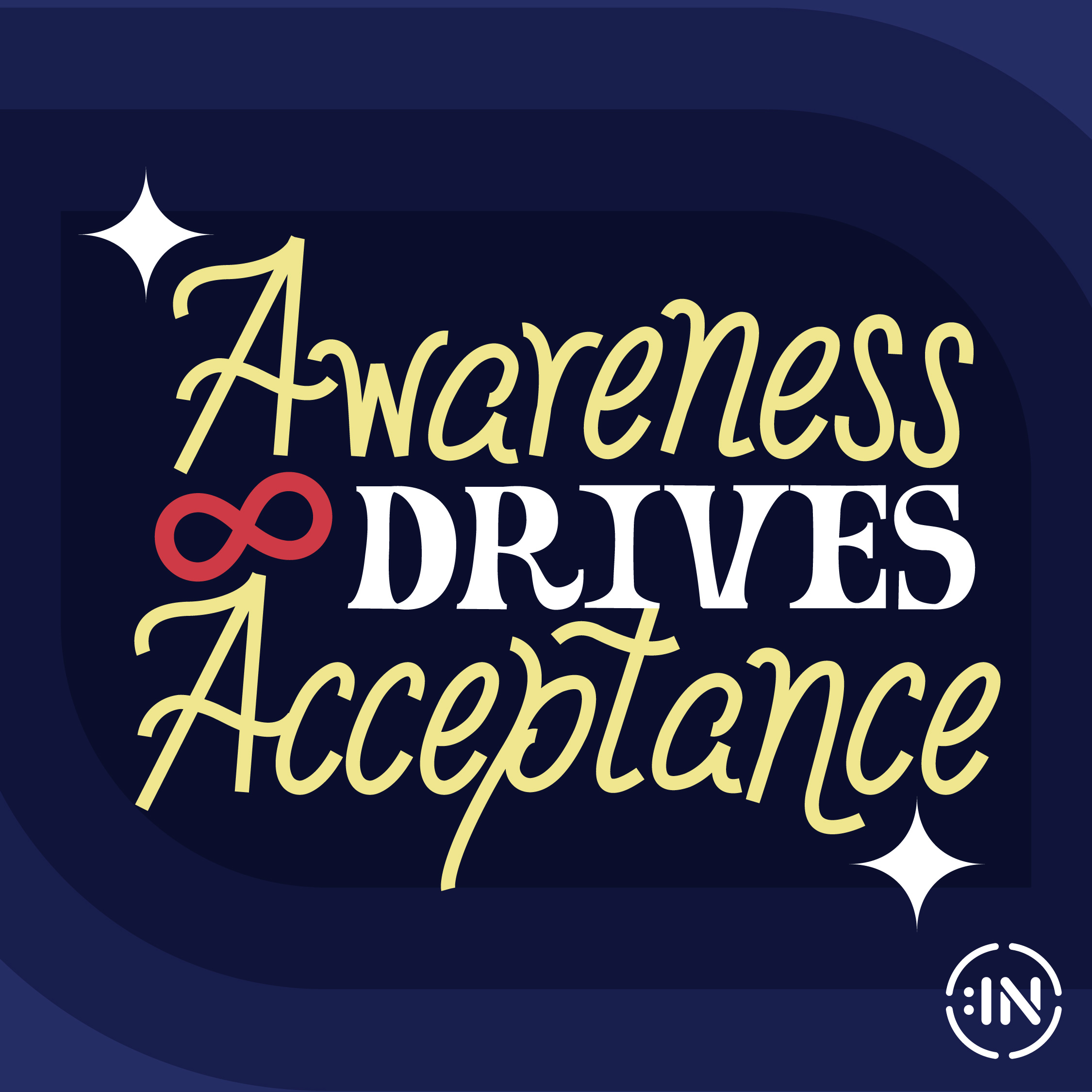Blue background behind gold and white text that reads Awareness Drives Acceptance. At the center is a red infinity symbol representing the Autistic Community.
