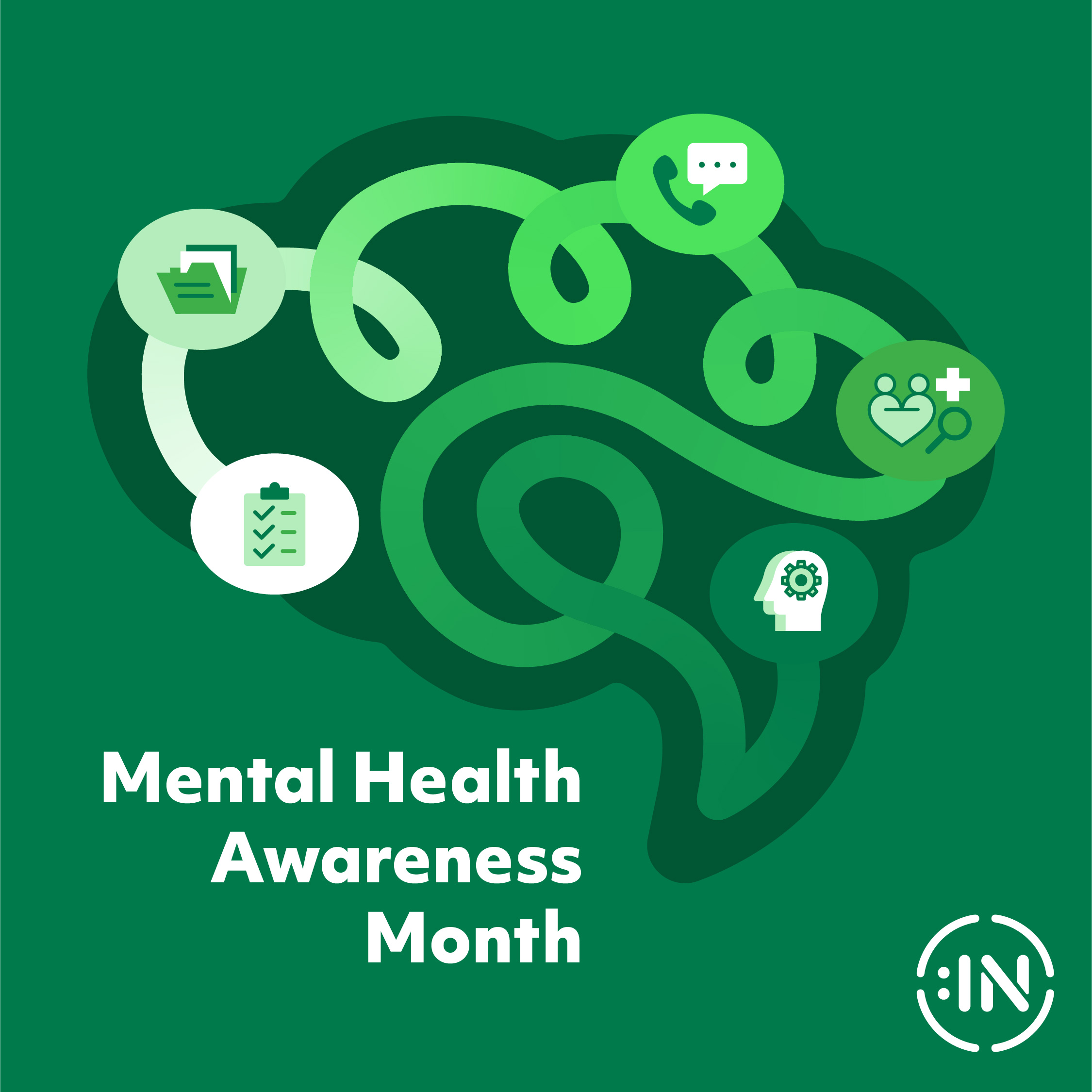A green background with white text reading Mental Health Awareness Month. To the right is a silhouetted illustration of a brain with various connected icons related to mental wellness. 
