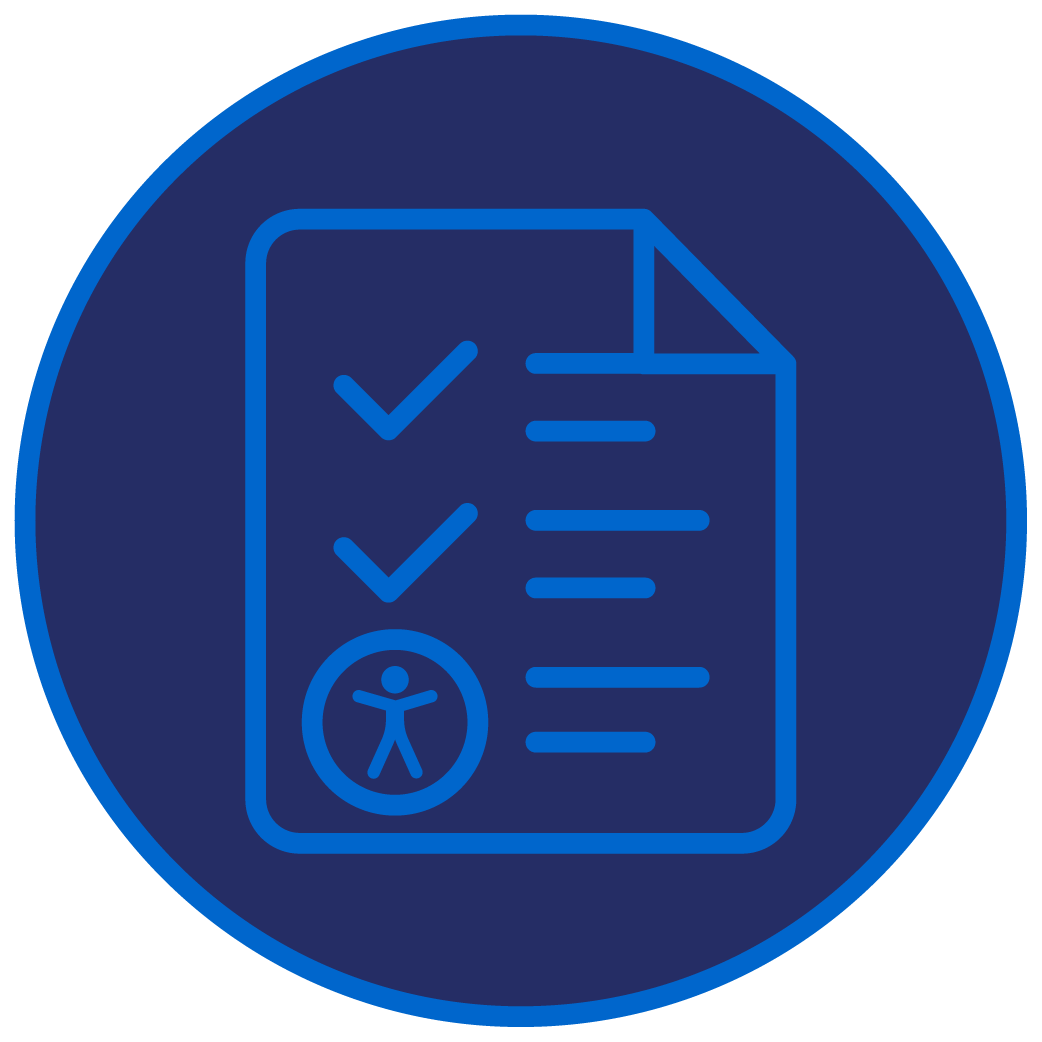 Navy and bright blue outlined circular icon of a checklist file with an accessibility icon.