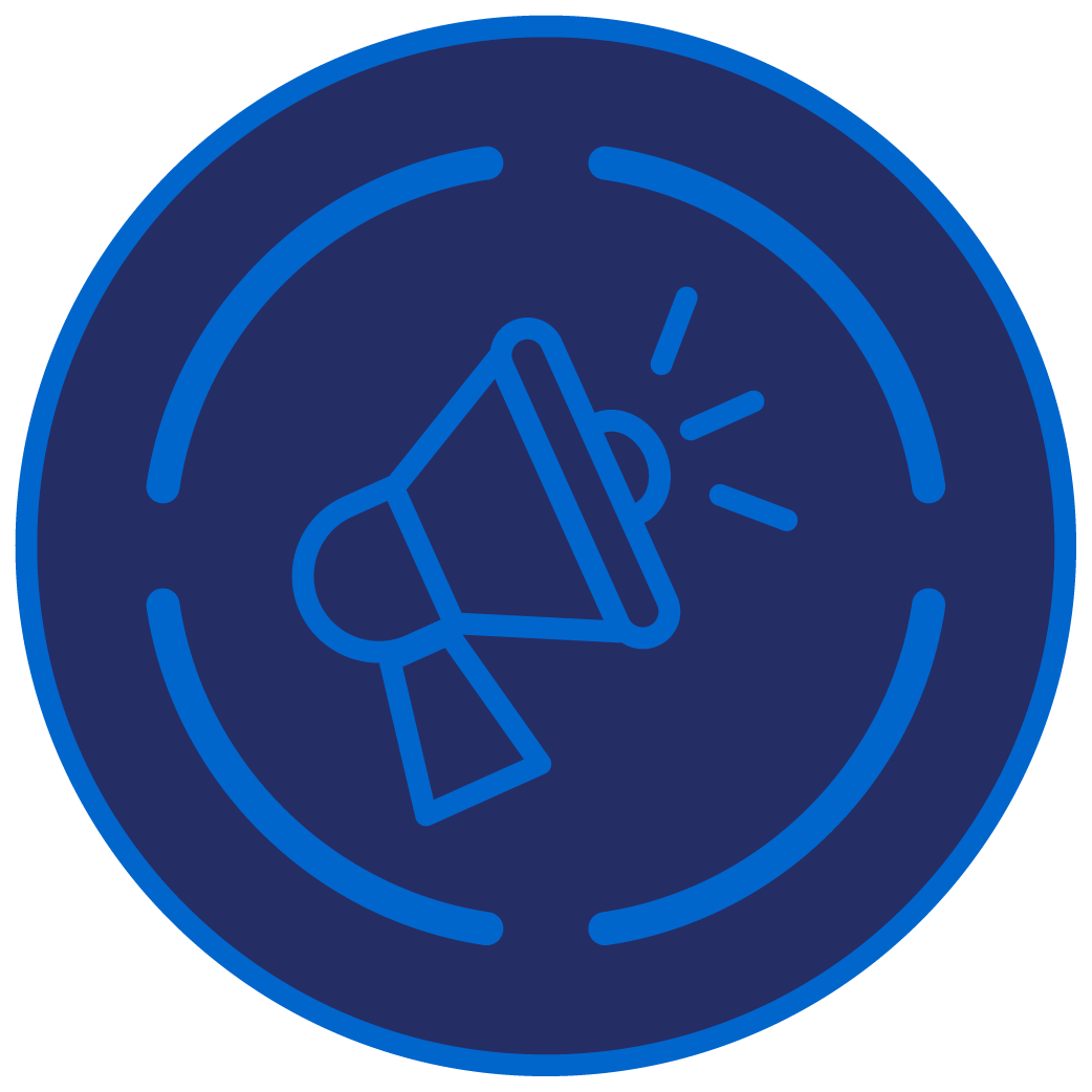 Navy and bright blue outlined circular icon of a megaphone with a stenciled circle.