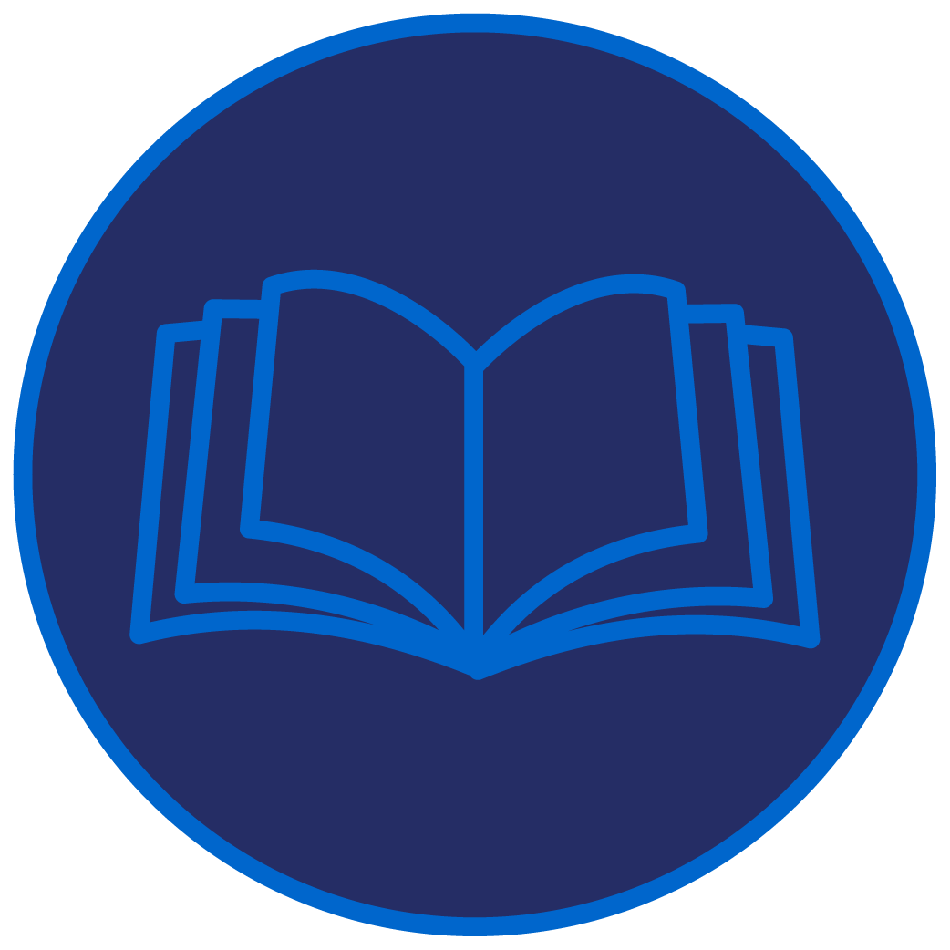 Navy and bright blue outlined circular icon of an open book.