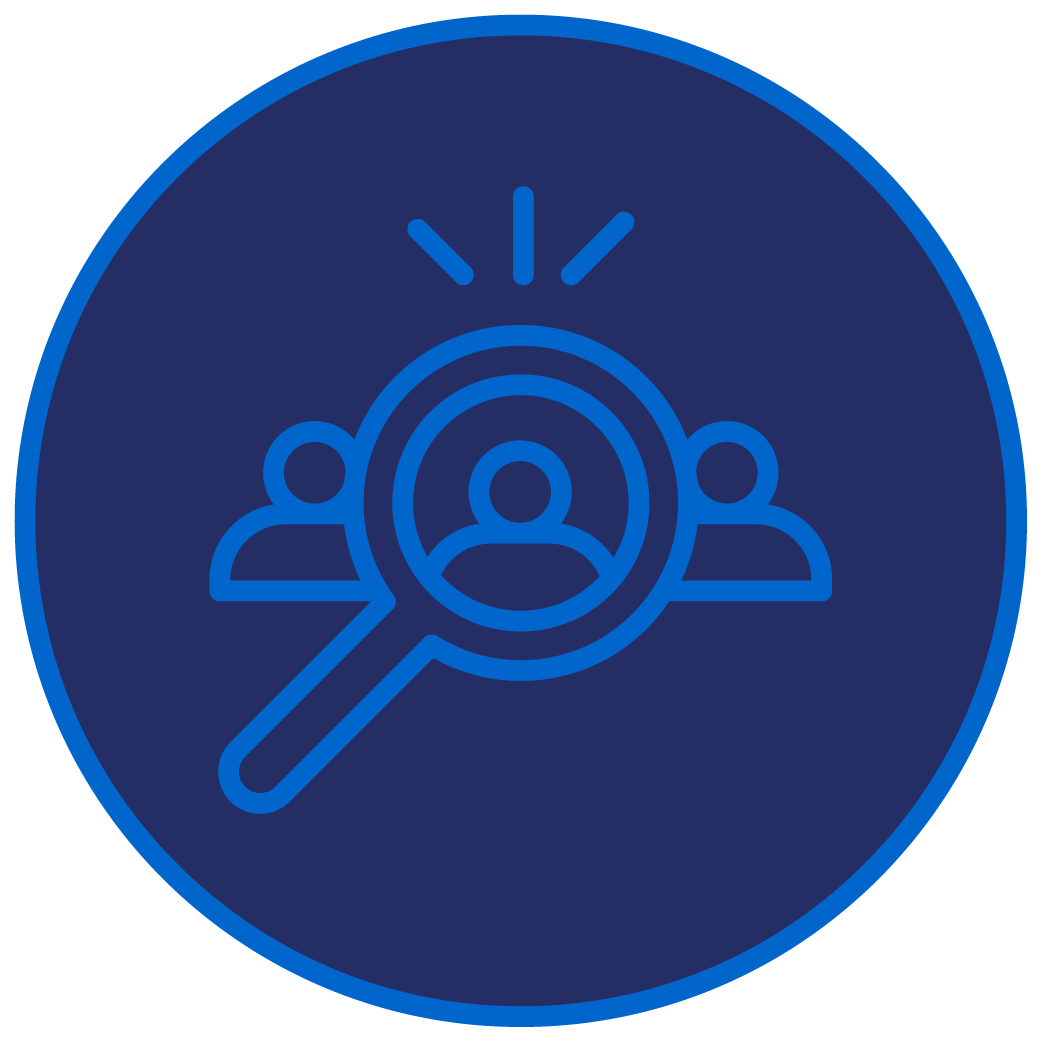 Navy and bright blue outlined circular icon of a magnifying glass across three silhouettes to represent recruitment.
