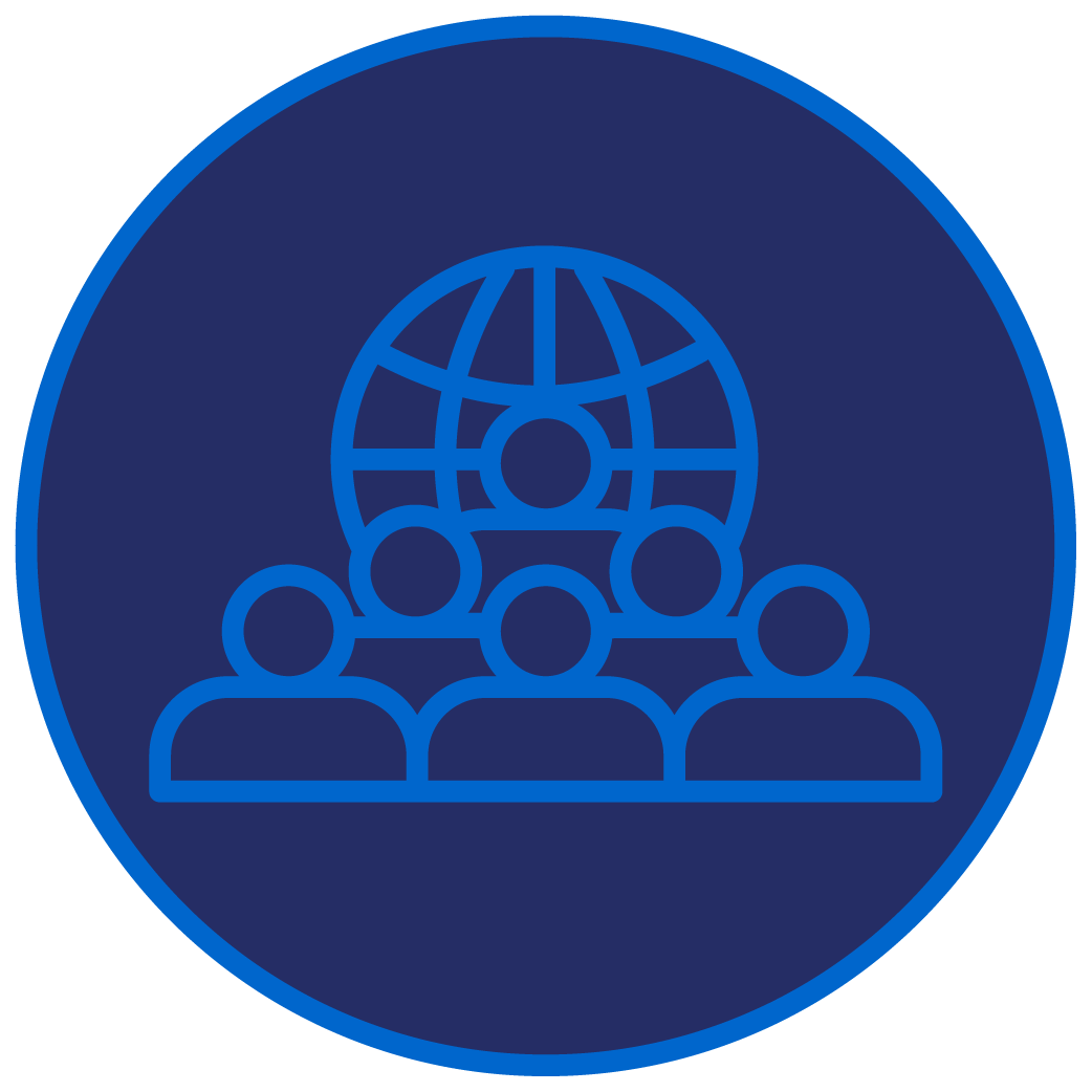 Navy and bright blue outlined circular icon of six silhouettes and a network. 