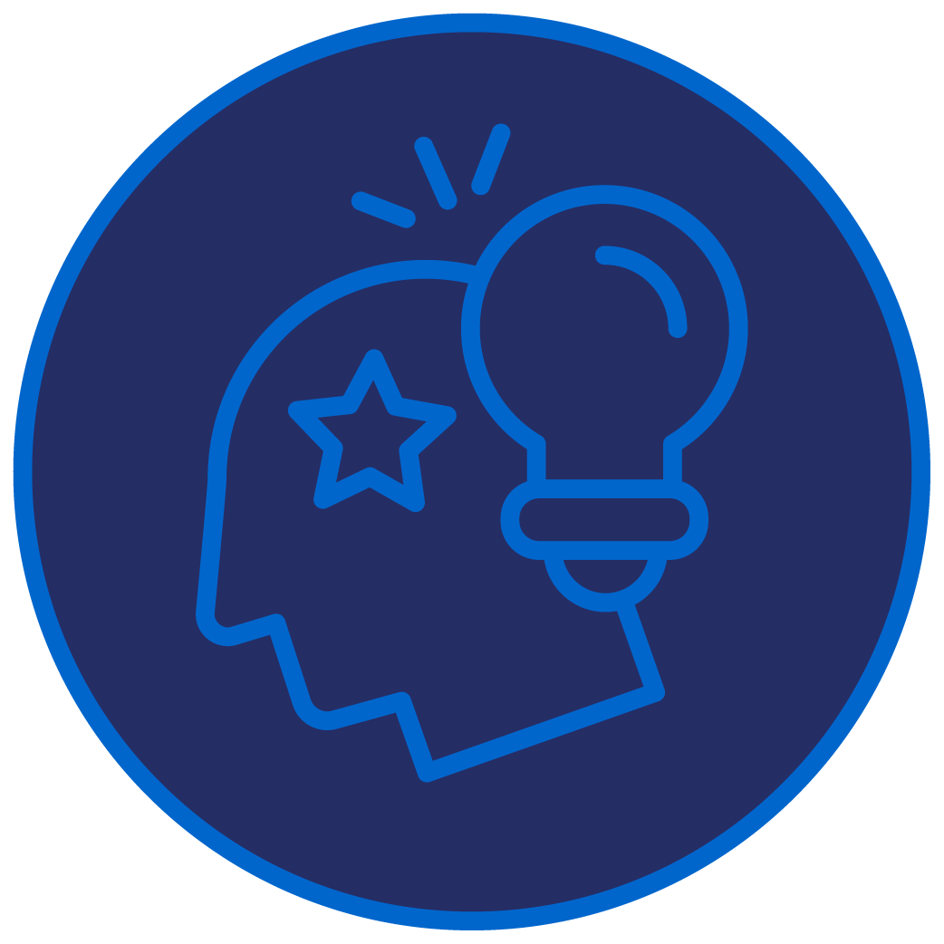 Navy and bright blue outlined circular icon of a head and star next to lightbulb.