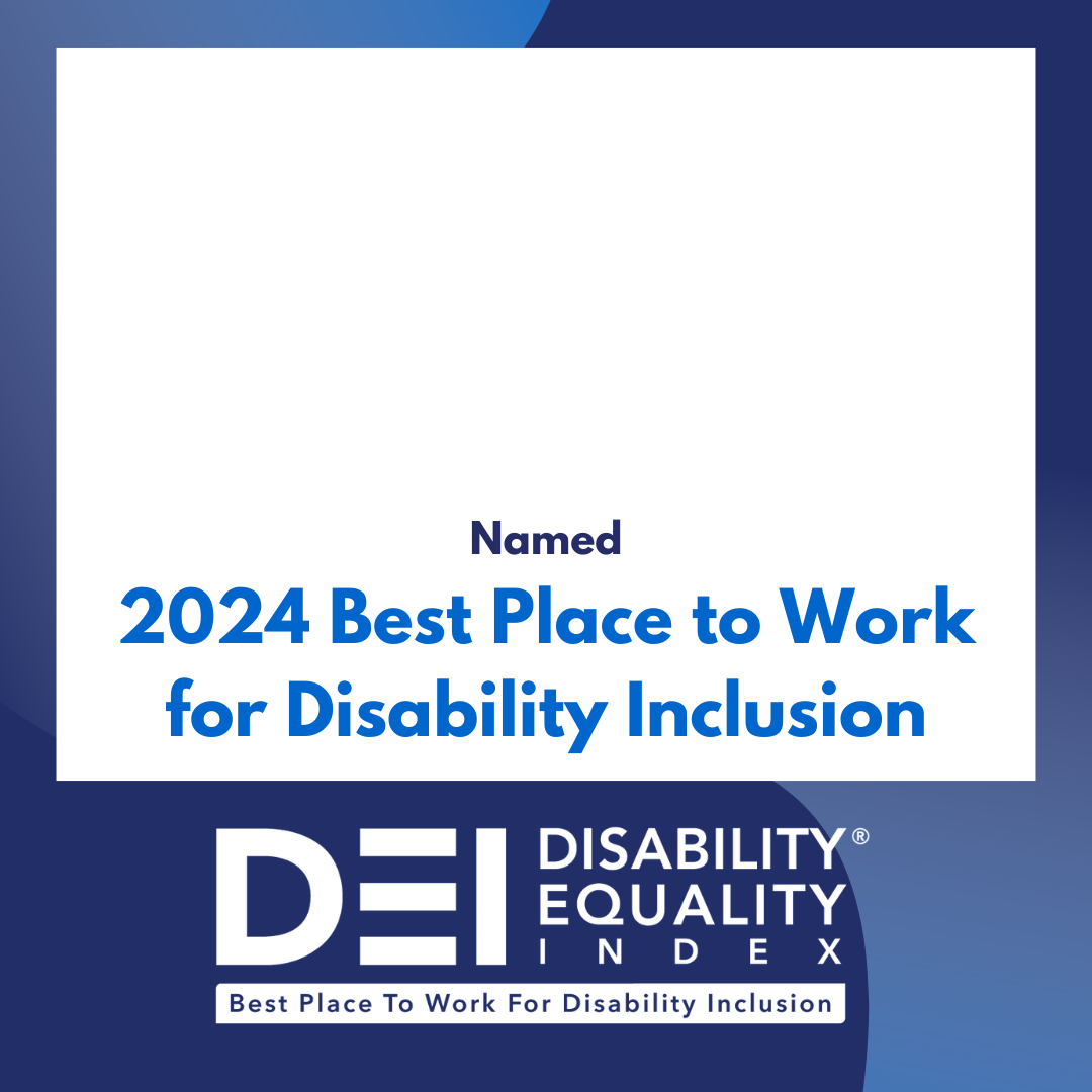 Blue waved gradient background behind a white box containing text that reads named 2024 Best Place to Work for Disability Inclusion by the Disability Equality Index. Best Places to Work for Disability Inclusion.