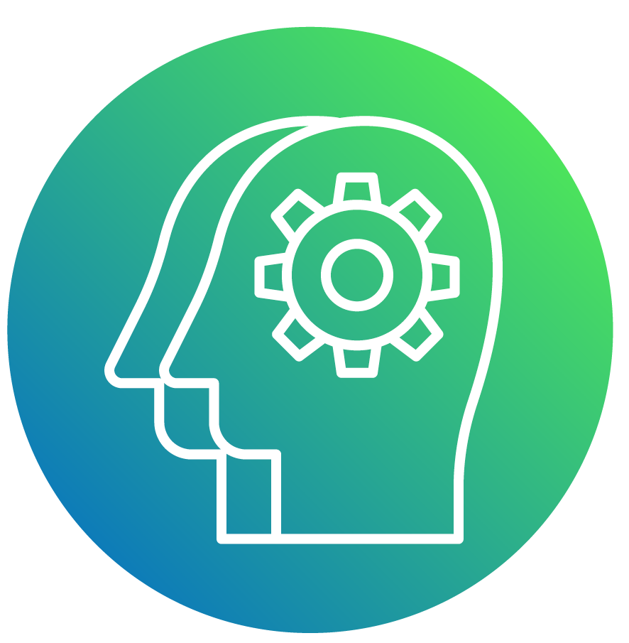 Circle gradient icon of a silhouette of a head with gears inside to represent productivity.