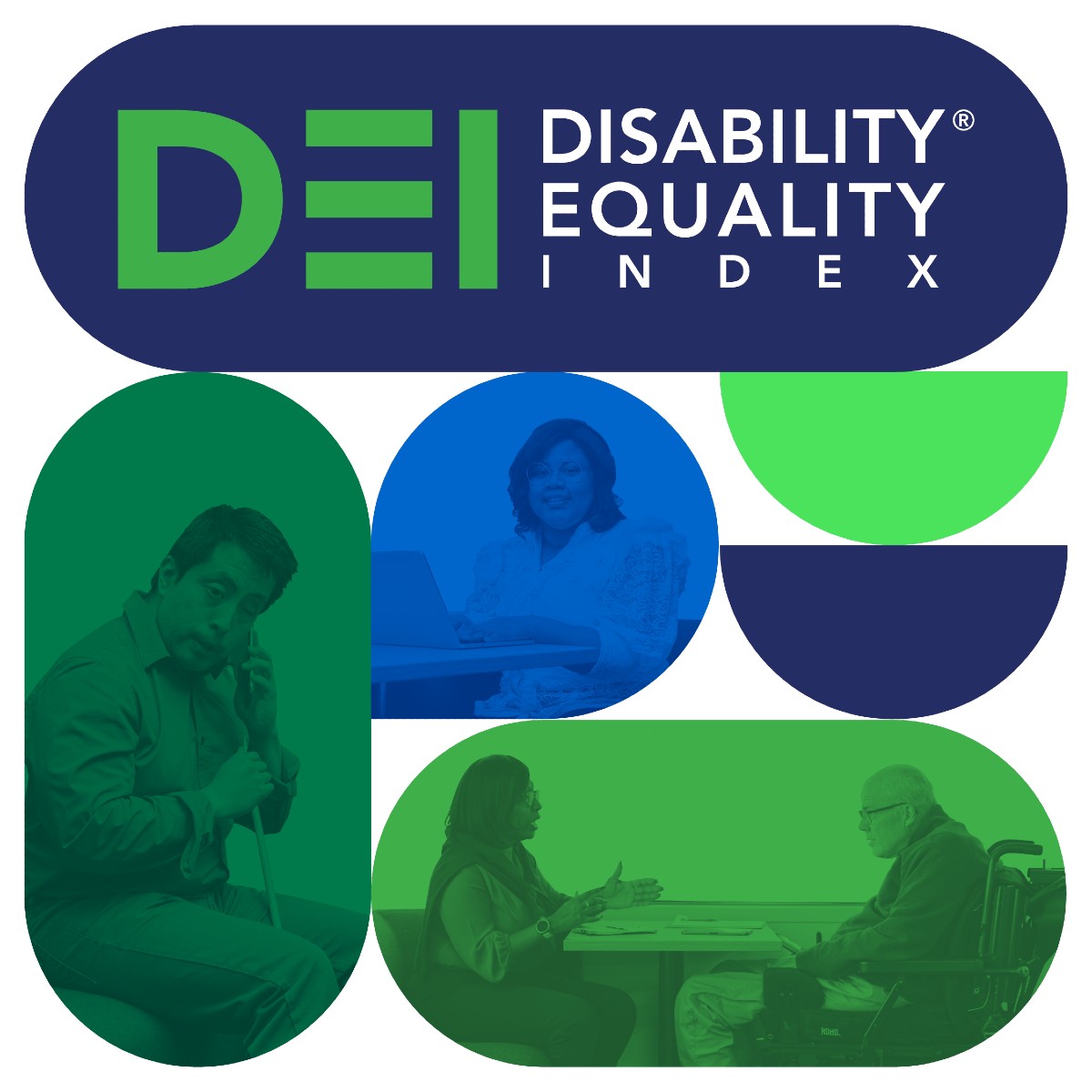 A blue and green filtered composite of images of four professionals with disabilities in the workplace.